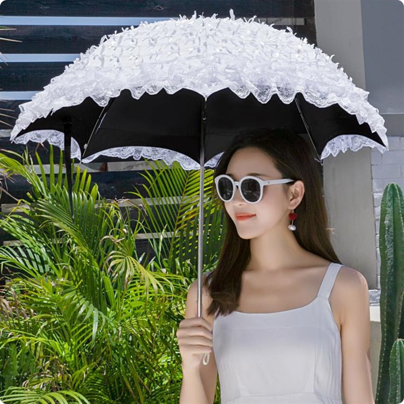 韩版黑胶二折蕾丝蝴蝶结白色防紫外线防晒遮阳太阳伞晴雨伞公主伞