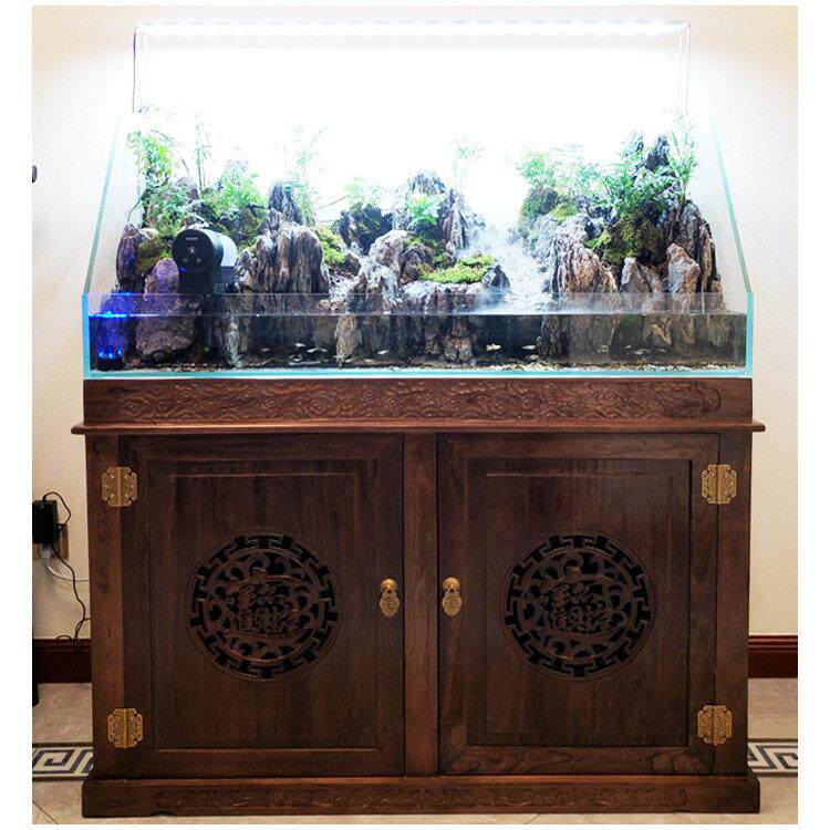 老榆实木新中式生态鱼缸草缸海水珊瑚缸水族箱底柜架招财进宝云纹