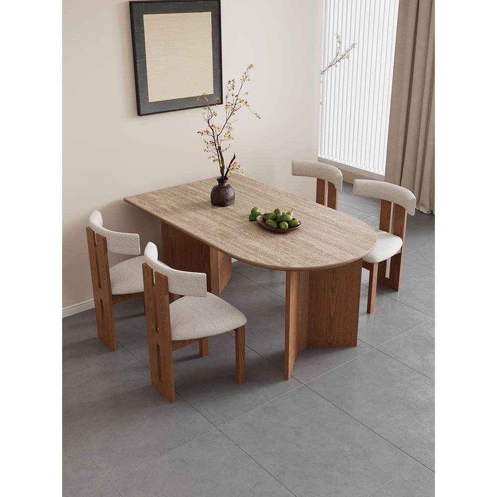 法国覆古石灰华石板家庭小公寓餐桌中世纪风格岛桌半-椭