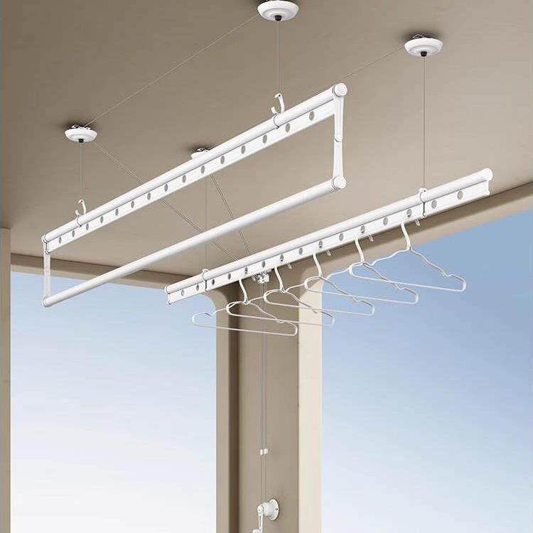 好电白色可调晾衣架手摇阳台双杆晾衣杆顶置式手动家用自动晾衣架