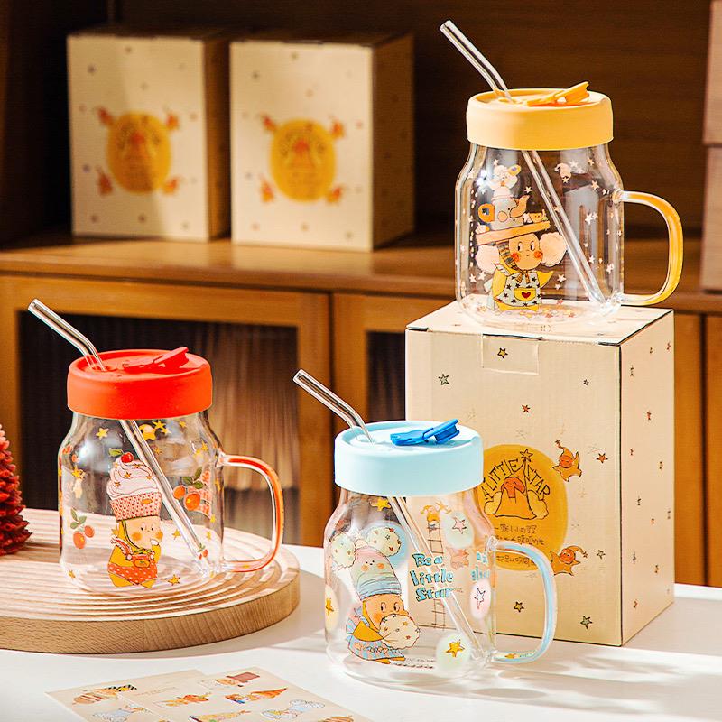 星星人玻璃杯高硼硅玻璃水杯情侣带把手果汁杯子牛奶杯带盖吸管杯
