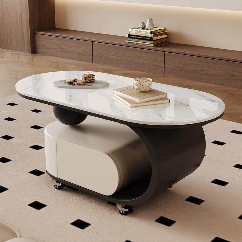 轻奢风可移动岩板茶几客厅沙发边几桌家用小户型椭圆形储物高级感
