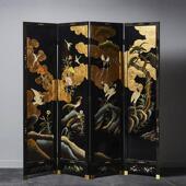 中古复古屏风黑底花鸟小众折屏客厅隔断古典茶室玄关装 饰遮挡折叠