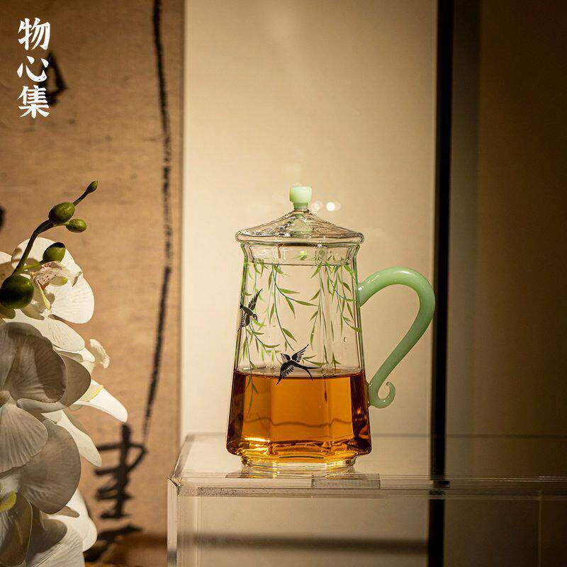 物心集耐热玻璃大号茶杯带盖子办公室绿琥珀手把水杯高硼硅花茶杯