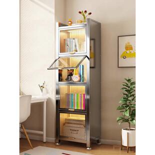 钢制书柜家用夹缝收纳置物窄翻门儿童书架带轮可移动防尘杂储物柜