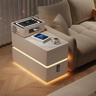 沙发边几扶手柜带灯带插座轻奢高级感小户型客厅多功能边柜置物柜