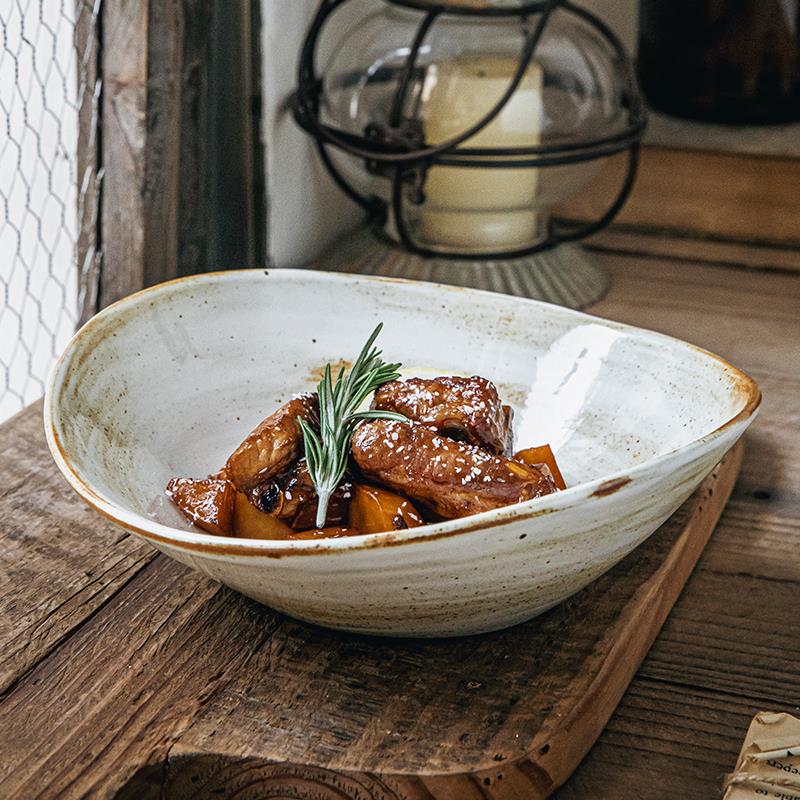 巷子尾〖日式古朴风〗8英寸粗陶异形沙拉碗饭厅特色陶瓷面 面碗菜