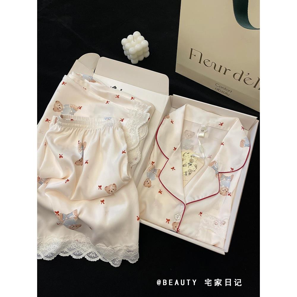 法式甜美风夏天冰丝睡衣女2024新款卡通小熊蕾丝短裤家居服可外穿