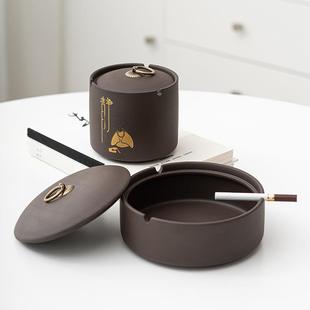 中式 家用大号 紫砂烟灰缸复古带盖多功能防风飞尘陶瓷创意个性 时尚