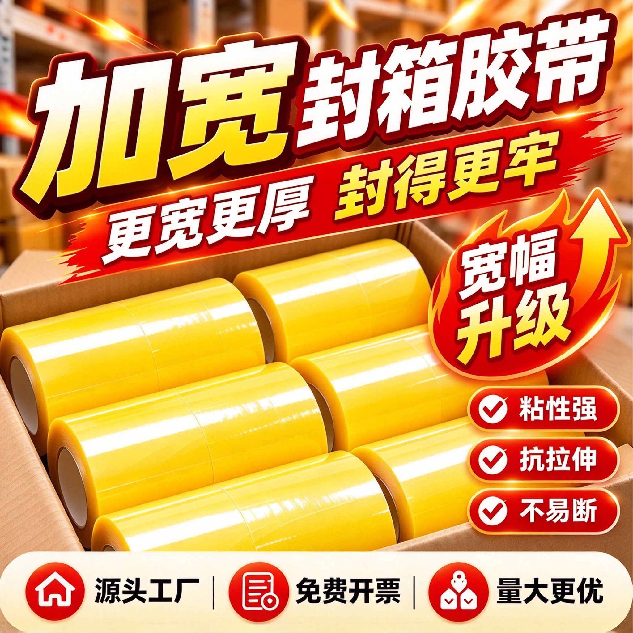 封箱胶带家用固定粘性强无毒加宽单卷大卷胶条厂家直销黄色