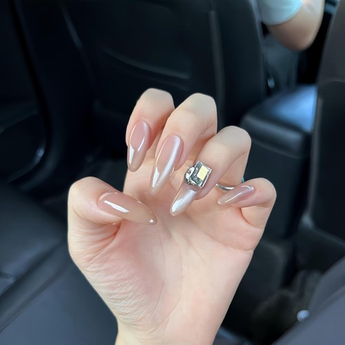 绝美~裸色猫眼方钻手工美甲