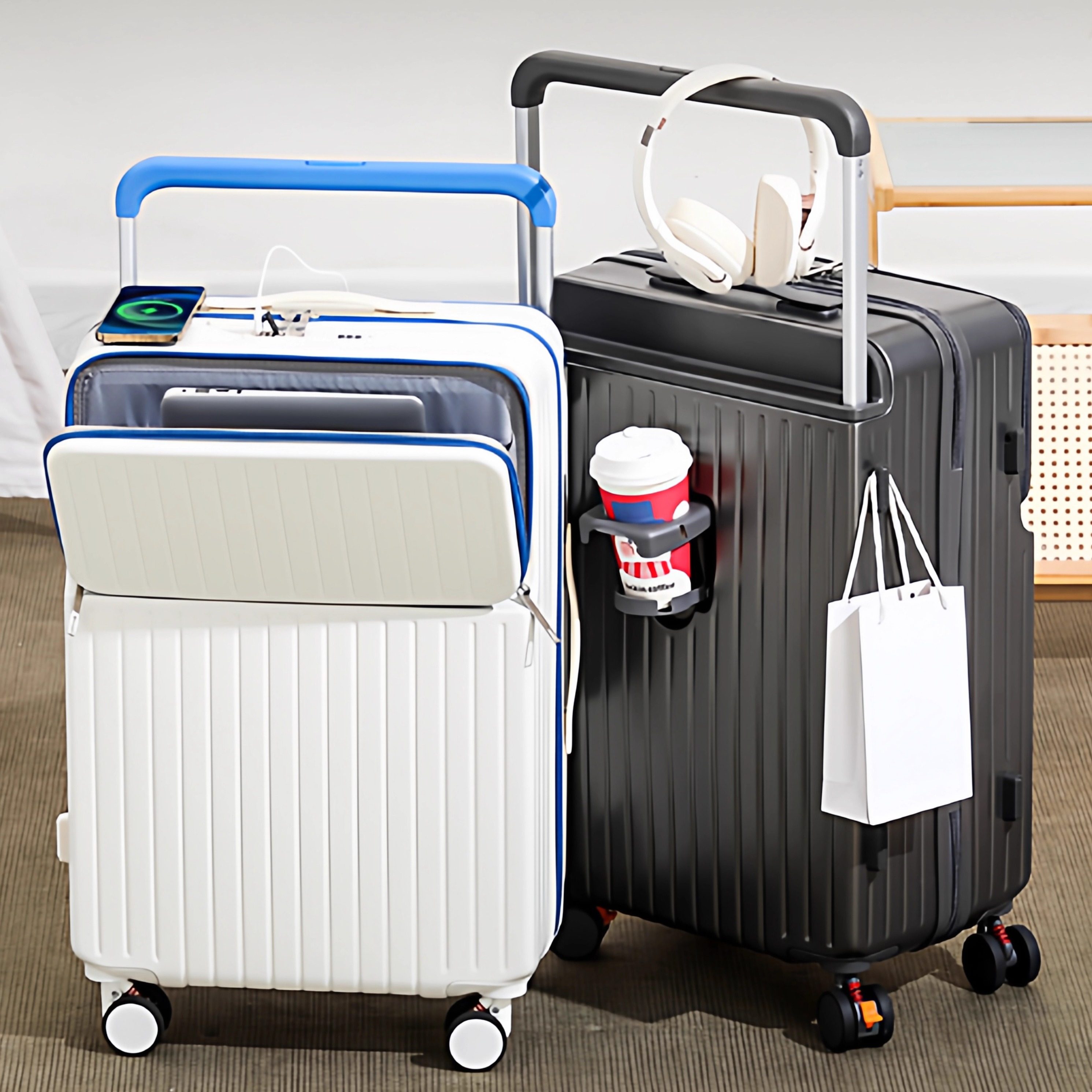 双拼色宽拉杆前置开口行李箱高颜值耐磨抗压多功能旅行箱20寸登机