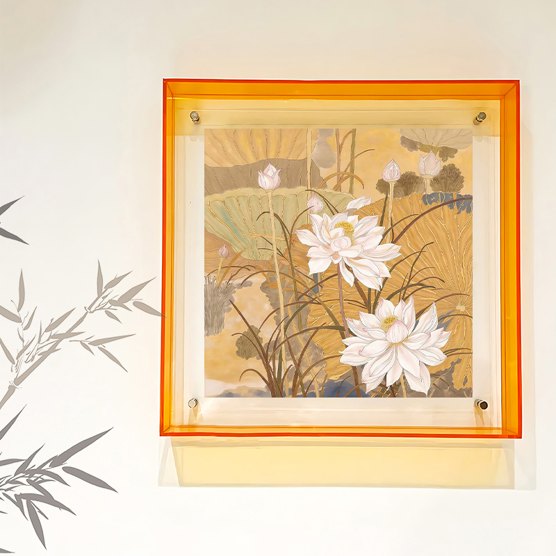 美拉德色系植物花卉客厅餐厅装饰画新中式荷花莲叶茶室书房挂画