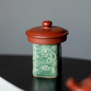 越窑青瓷四方浮雕海浪盖置家用盖碗茶壶盖子托架陶瓷功夫茶具摆件