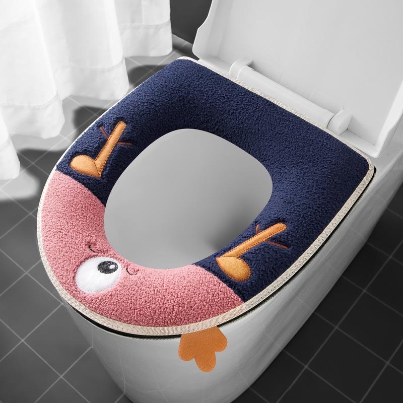 小鹿带提手马桶垫拉链式坐垫加厚冬季坐便套刺绣图案马桶套坐便垫