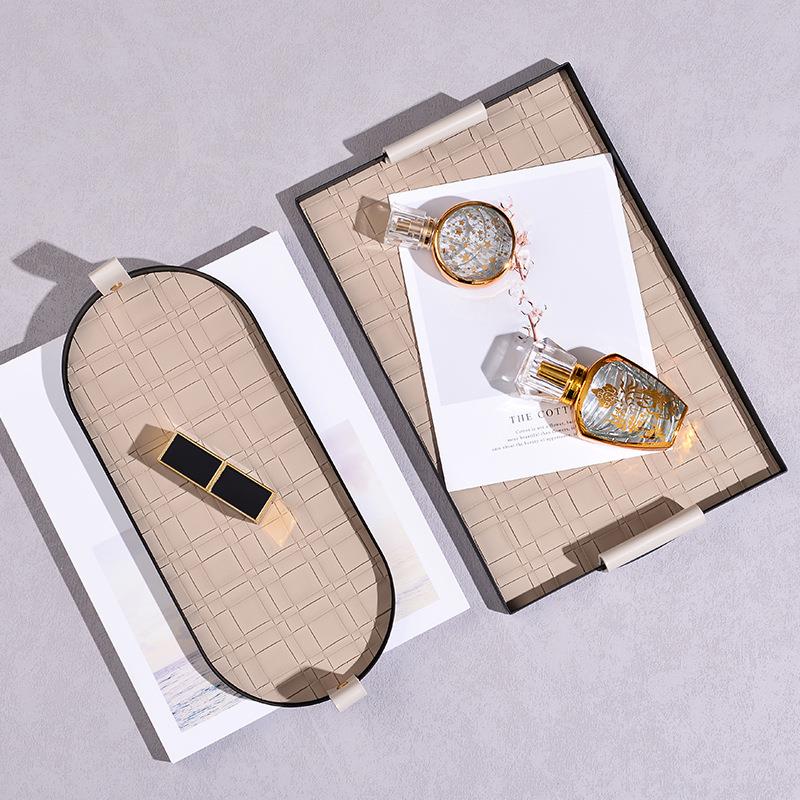 编织纹皮革金属收纳盘玄关钥匙托盘桌面化妆品首饰收纳盒香薰盘