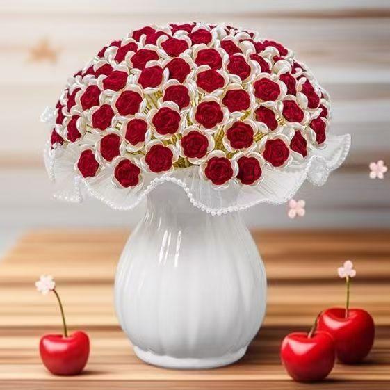 手工编织花束99朵植绒玫瑰花材料包 diy手工编织串珠珍珠纱玫瑰花