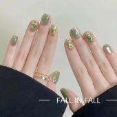 清禾 薄荷曼波玻璃珠猫眼爆闪法式 魔镜春季 新款 显白手工穿戴甲