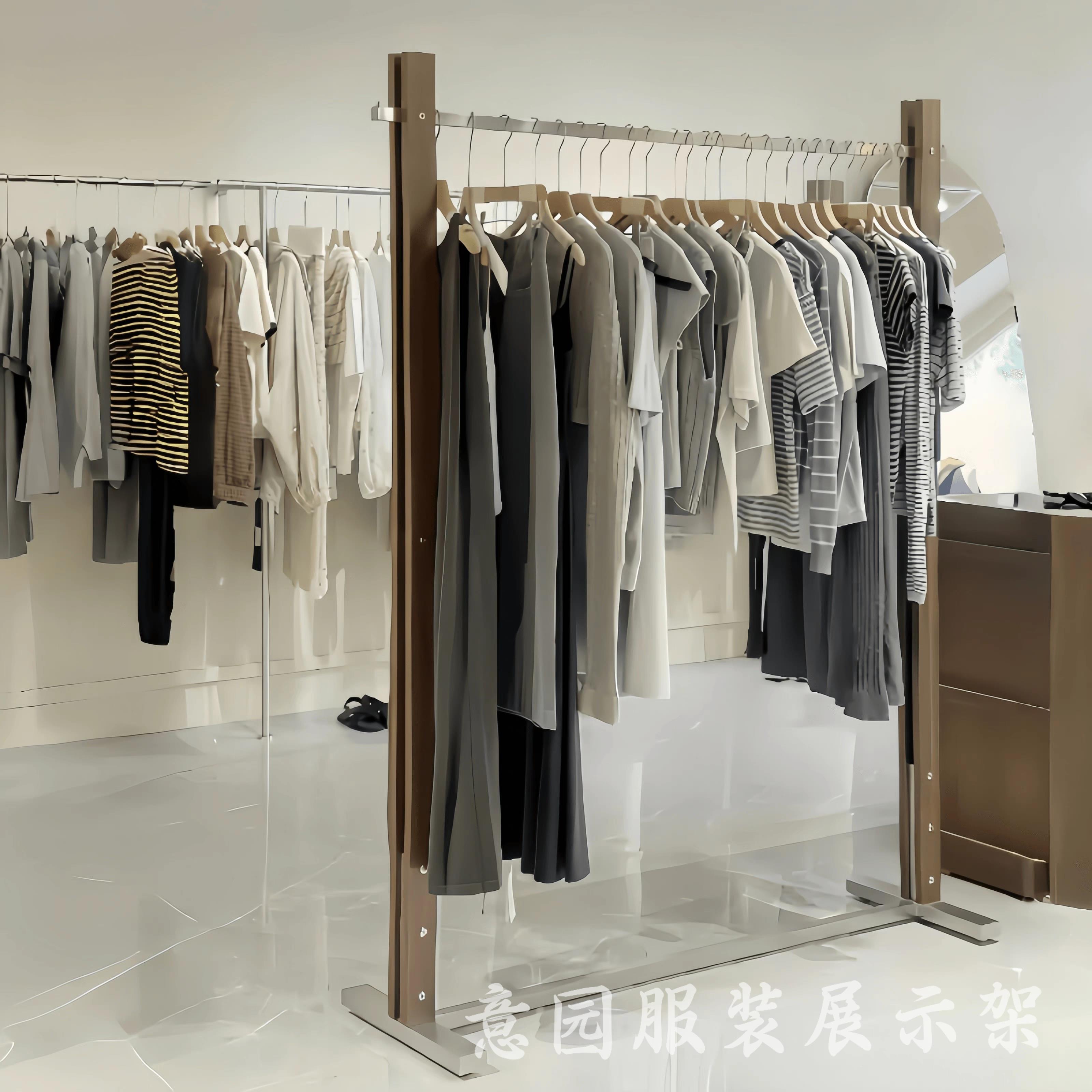 服装店展示架实木挂衣架男女装店落地式服装架胡桃色陈列架高档