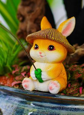 鱼缸造景摆件小兔子垂钓鱼假山流水鱼池花园花盆微景观水族箱装饰