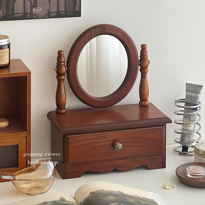 法式覆古实木旋转镜子ins卧室化妆台化妆镜桌面台式带抽屉化妆镜