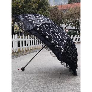 太阳伞高档黑色蕾丝亮片花边防晒防紫外线黑胶晴雨两用女神洋伞