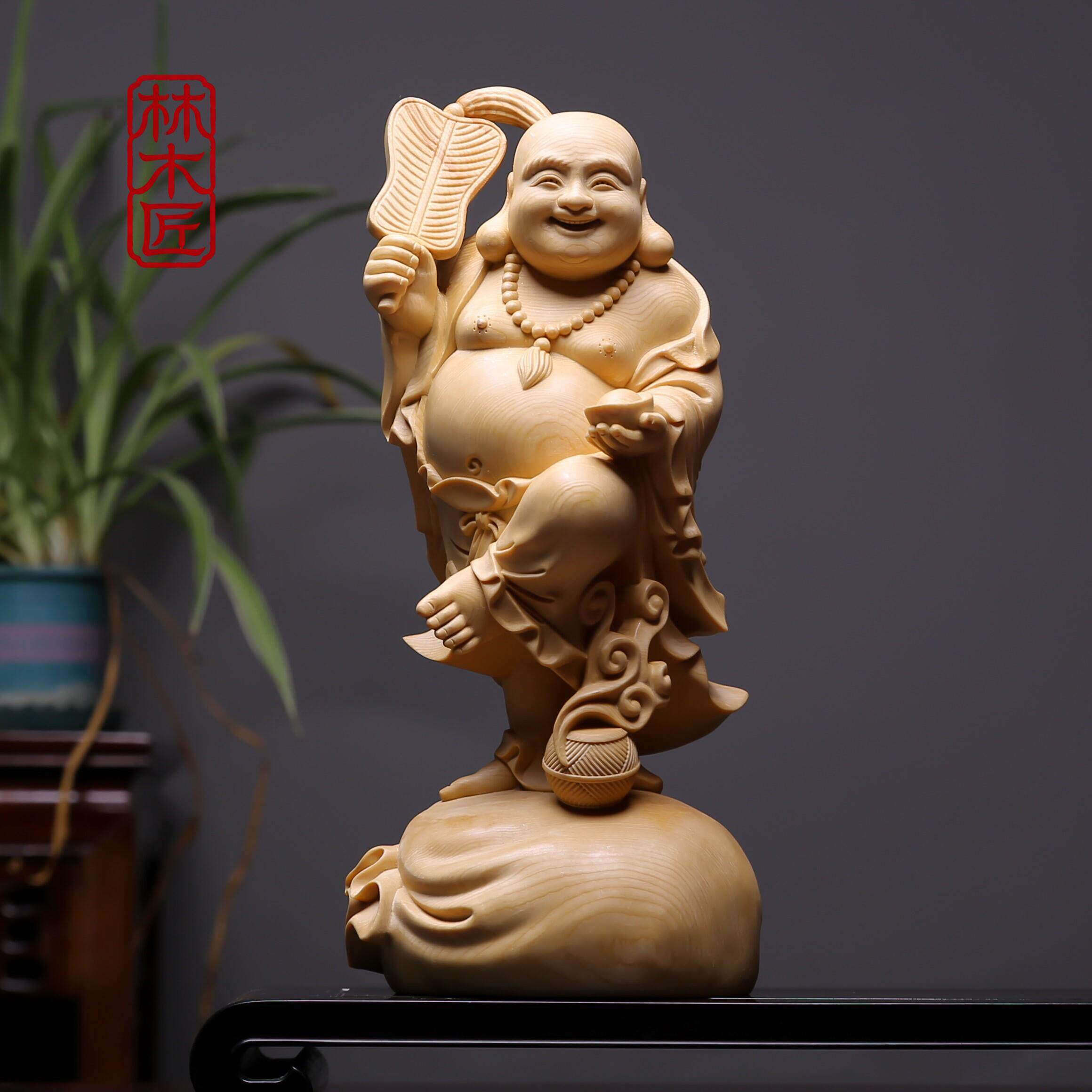 桧木精雕芭蕉扇弥勒佛像摆件手工雕刻开业招财送礼笑佛木雕工艺礼
