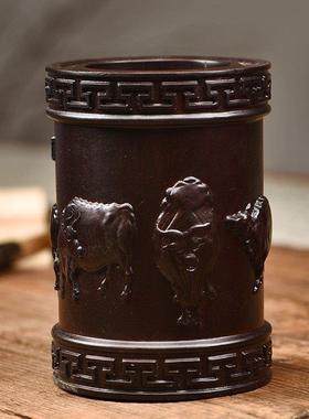 黑檀木雕五牛图笔筒摆件办公室桌面创意中式实木雕刻红木质工艺品