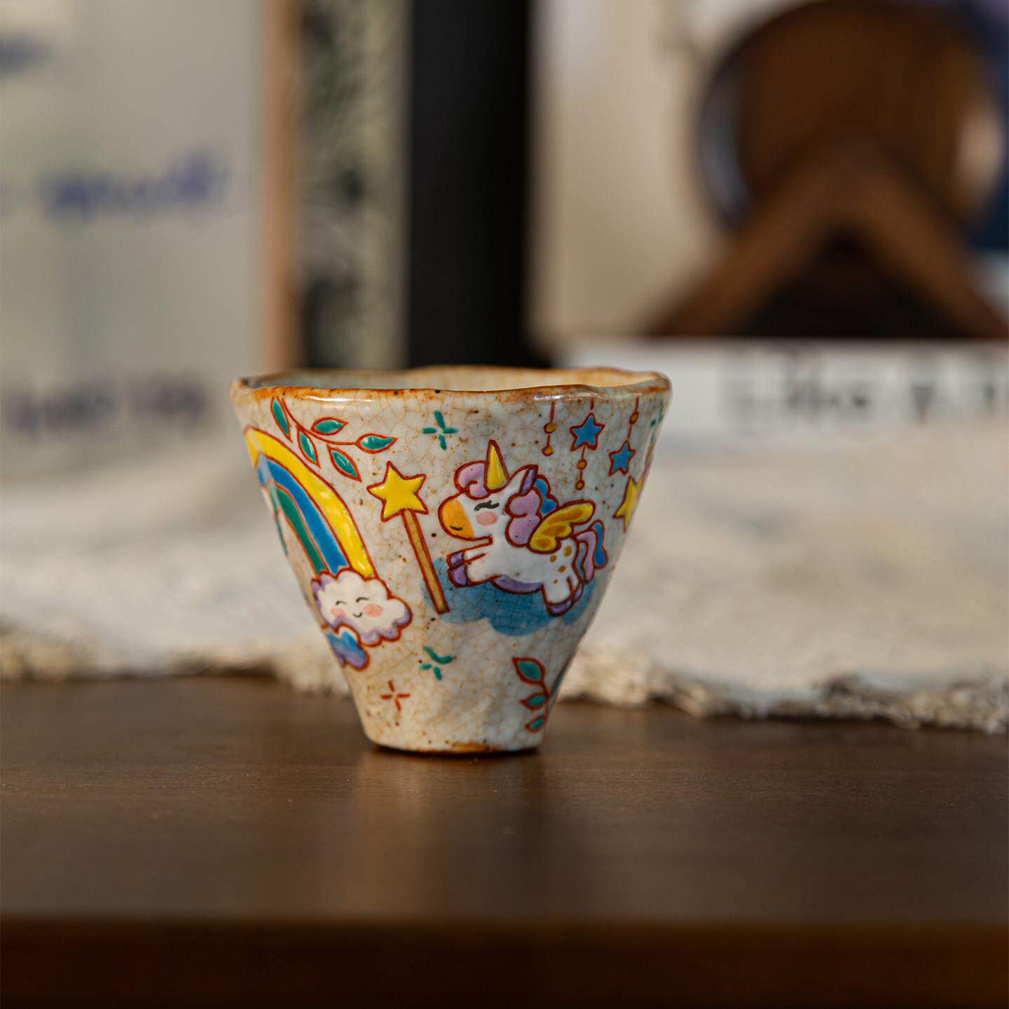 陌山柴烧手绘小物志创意主人杯景德镇市茶杯粗陶志野烧品茗杯单杯
