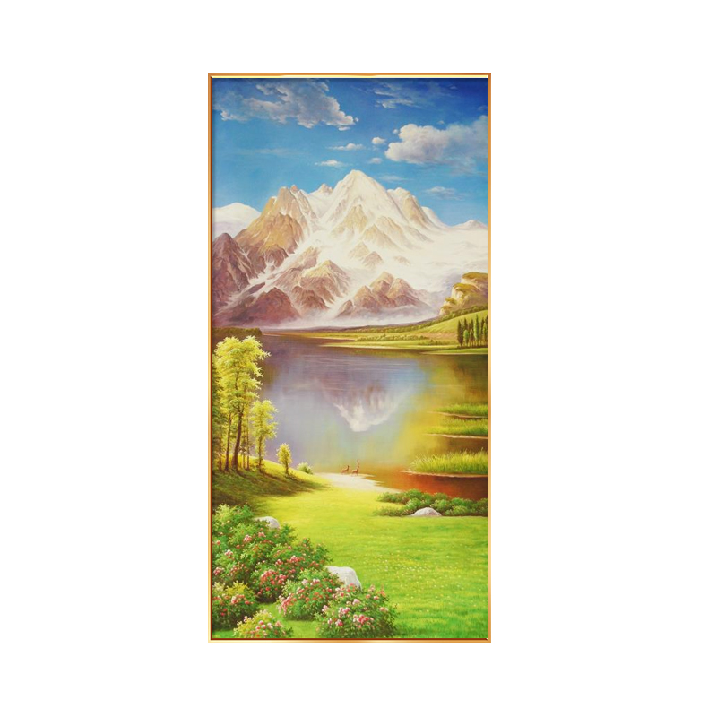 聚宝盆山水风景画正对大门玄关画走廊装饰画油画挂画日照金山壁画图片