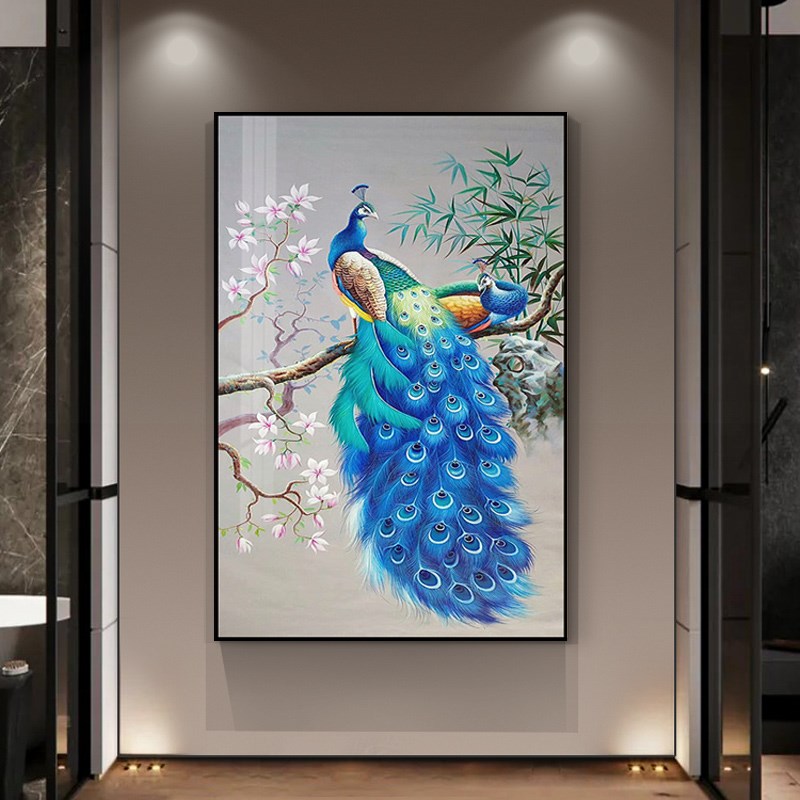 走廊装饰画开屏孔雀玄关壁画高端入门竖版寓意好轻奢晶瓷镶钻挂画图片