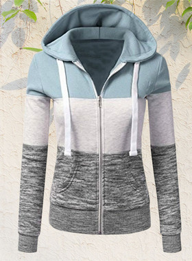 2021 Womens Patchwork Hoodies Casual Slim Zipper Coat Outdo