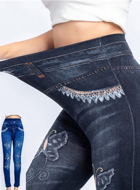 2022 Women High Waist Fake Jeans Leggings Butterfly Print An