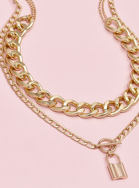 Hip hop Cuban Chain lock type necklace jewelry欧美百搭粗项链