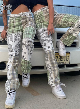 Waatfaak Streetwear Patchwork Jeans Women Cargo Green Pants