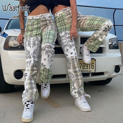 Waatfaak Streetwear Patchwork Jeans Women Cargo Green Pants