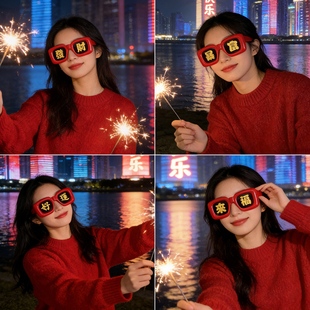 新年红色拍照眼镜暴富发财喜庆过年氛围感墨镜表演道具网红搞怪女