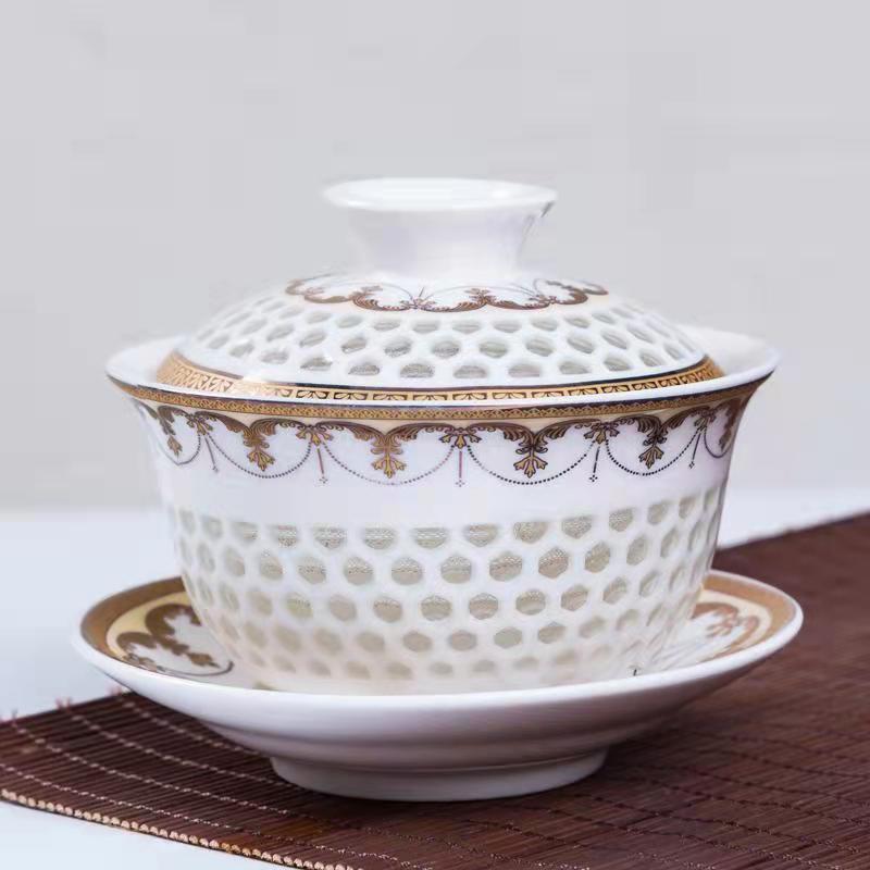 冰晶蜂巢玲珑陶瓷茶具整套镂空金线功夫茶碗盖碗茶杯套装厂价