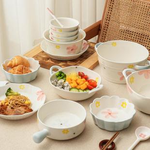 梨花海棠手绘陶瓷餐具高颜值釉下彩家用饭碗大号汤碗菜盘烘焙烤碗