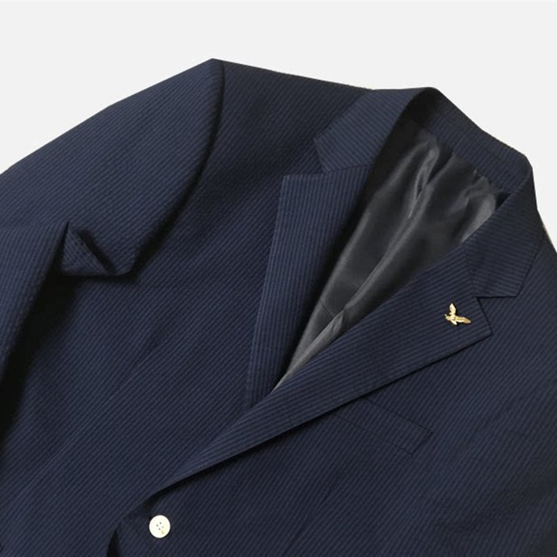 好货夏季新品男士藏蓝色条纹纯棉泡泡纱两粒扣半夹西服双开叉休闲