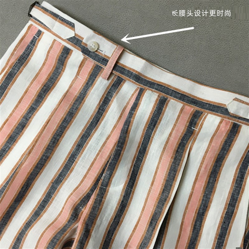 好货春夏薄款 条纹亚麻那不勒斯九分休闲男西裤 中腰单褶翻边小直