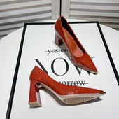 女百搭尖头浅口通勤职业工作鞋 女粗跟单鞋 Jian漆皮高跟鞋 Uncle