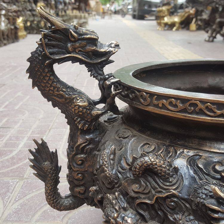 好货纯铜二龙戏珠香炉 圆鼎炉 聚宝盆 龙香炉 铜器工艺品摆件