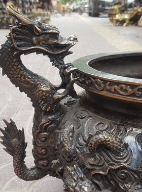 好货纯铜二龙戏珠香炉 圆鼎炉 聚宝盆 龙香炉 铜器工艺品摆件