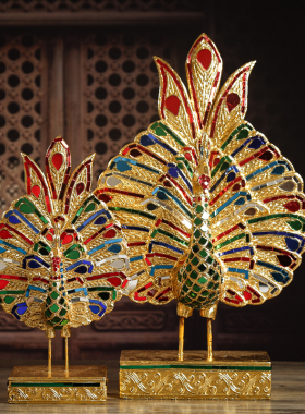 东南亚木雕摆件 泰国进口金箔孔雀客厅酒柜电视柜创意家居小饰品