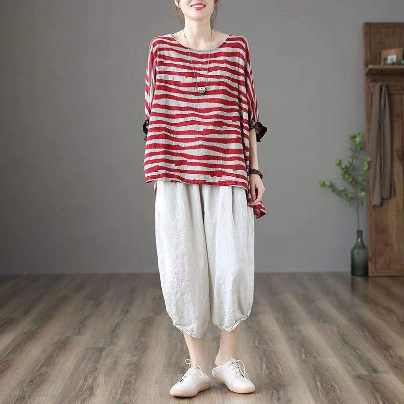 新品棉麻上衣女夏薄款条纹短袖t恤女士宽松大码亚麻体恤蝙蝠袖防
