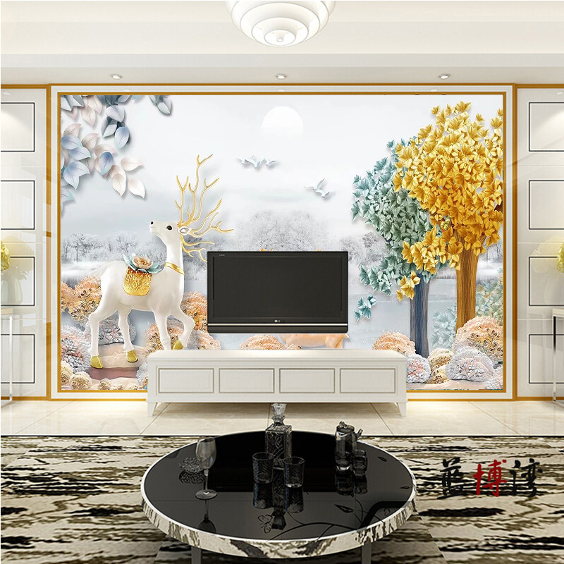 电视背景墙现代简约5d立体大气客厅装饰沙发壁画北欧麋鹿墙布壁纸