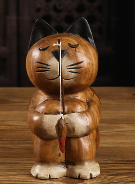 泰国工艺品创意可爱儿童房卡通摆件博古架酒柜装饰品摆件小猫钓鱼