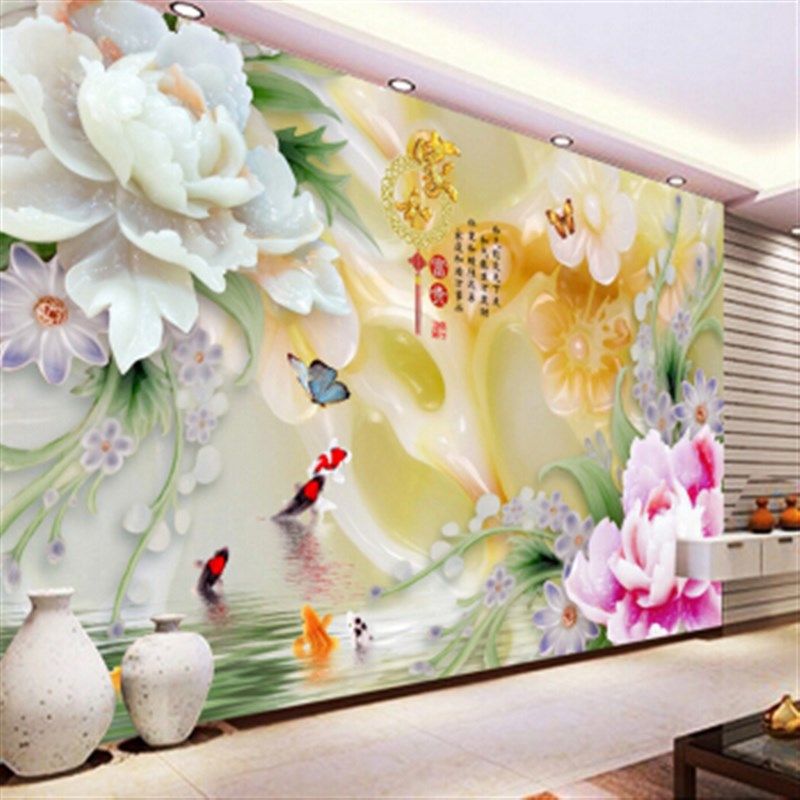 2023定制电视背景墙纸立体玉雕荷花现代现代壁纸8D水晶壁画墙布