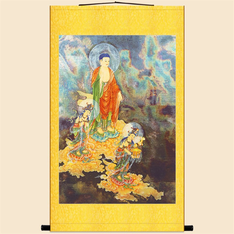 明清复古版 阿弥陀佛接引图 西方三圣观音大势至菩萨佛堂卷轴挂画